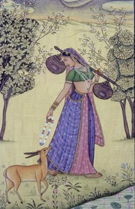 Woman Holding Rudra Veena and Flower Garland Miniature Painting by School Indian