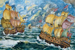 Ceramic Panel Depicting Two Sailing Ships (detail) by School Italian