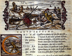 The giant Eryphila mounted on a wolf fights Roger - Scene of the knightly poem of Orlando Furioso by Ludovico Ariosto, Chant VII by School Italian