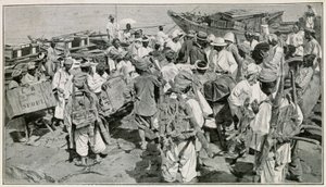 Korean Porters in Chemulpo Harbour, Unloading Junks - Illustration after 19th Century Photography by J. de Pange, From Travel in Korea by Doctor Hagen by School Korean