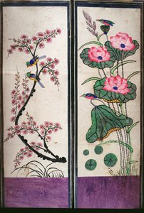 Two Panels of an Eight Fold Screen Depicting Birds and Flowers by School Korean