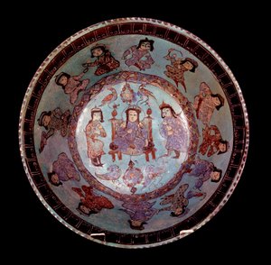 Polychrome Conical Bowl on a Blue Background Depicting a Prince Sitting on His Throne Between Two Pages by School Persian