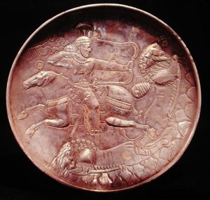 Plate depicting a royal soldier hunting lions, 6th-7th century by School Persian