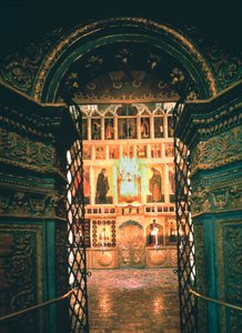 Interior with the Iconostasis in the Annunciation Cathedral in the Moscow Kremlin by School Russian