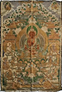 Amitabha (Buddha of the Pure Land) - Tibetan Painting, Pigments and Gold on Textile, End of 19th Century by School Tibetan