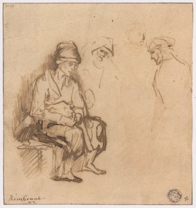 Woman Seated on Bench and Three Sketches of Heads