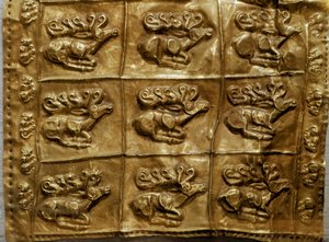 Scythian art: cover of gold quiver decorated with animals (deer). From Tumulus No. 4 in Kelermes, Krasnodar Region, Kuban, Russia, 7th century BC by Scythian