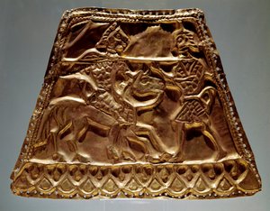 Golden Sheet Showing a Horseman Attacking a Warrior with a Spear by Scythian