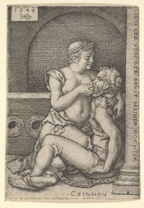 Cimon seated against a column at right, suckling from Pero who is kneeling next to him