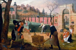 Gardeners at Work in a Formal Garden on the Outskirts of a City. Painting by Sebastian Vrancx. Private Collection. by Sebastian Vrancx