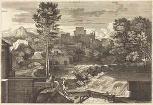 Landscape with Two Figures on a Bridge by Sébastien Bourdon