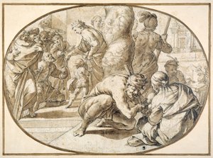 A Queen distributing alms to a crippled beggar in the temple at Jerusalem, early 17th century by Second School of Fontainebleau