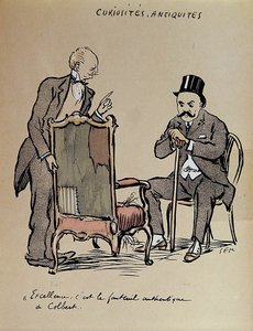 Rich Art Collector inspecting a chair allegedly owned by Colbert. c.1919 by Sem