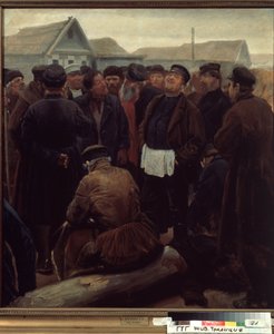 At The Country Community Meeting. Group of Russian Peasants in Front of Farms