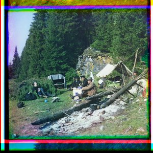 Sergei Prokudin-Gorskii and Others Seated at a Campsite, Chusovala River, Ural Mountains, Russia