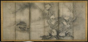 Willow, Egrets in Plum and Willow, Six-panel folding screen by Sesson Shkei