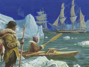 Unidentified Picture of Eskimos (One in Kayak) with Sailing Ship in Background