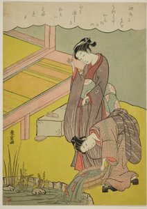 Young Girl Throwing Fish into Pond