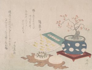 Bonsai Plum, Compass, and Pocket Sundial with Design of Calendar, from Spring Rain Surimon
