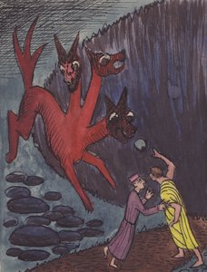 Dante and Virgil with three-headed monster, 1951 by Shirley Markham