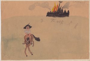 Girl on Horse Fleeing Flaming Fort