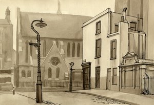 Lamppost and Church, c1951 by Shirley Markham