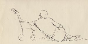 Man Leaning Against Pushchair on the Beach