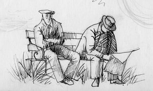Two men on a bench, c. 1950