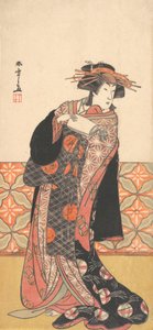 Nakamura Riko as Richly Clad Courtesan Standing in a Room by Shunsho