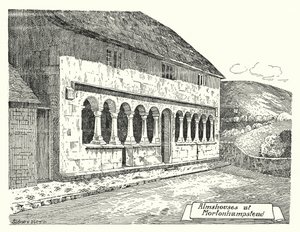 Almshouses at Mortonhampstead (engraving) by Sidney Heath
