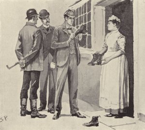 The maid showed us the boots: scene from the Sherlock Holmes story The Boscombe Valley Mystery, by Arthur Conan Doyle by Sidney Paget