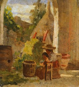 Rustic loggia, Country Study triptych by Silvestro Lega