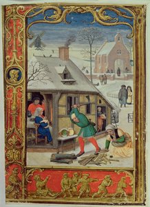 January: Chopping logs, and sledging, from a Book of Hours, or the Golf Book, c.1520-30