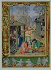 December: Preparing food for the winter, making bread and killing a pig, from a Book of Hours, or the Golf Book
