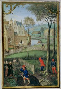 March: felling trees, from a Book of Hours, c.1540