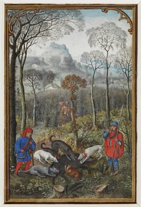 Calendar Miniature for December Showing a Boar Hunt