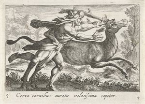 Hercules Captures the Hind of Cerynea (Cerva cornibus auratis velocissima capitur) (Herculean Themes) by Simon Frisius