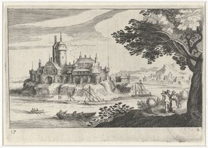 Hilly Landscape with a Castle on an Island (Southern European Landscapes, Topographia variarum regionum)