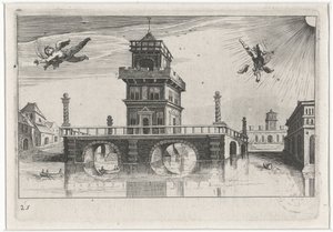 Cityscape with Icarus and Daedalus by Simon Frisius