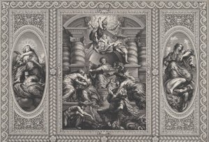 James I appointing Charles as King of Scotland at center, Minerva spearing Ignorance at right by Simon Gribelin