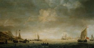 The Shore at Scheveningen with Fisherfolk on Beach by Simon Jacobsz. Vlieger