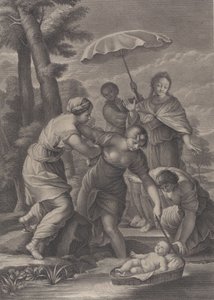 Three women pulling in the basket with the infant Moses from the water, ca. 1729 by Simon Vallee