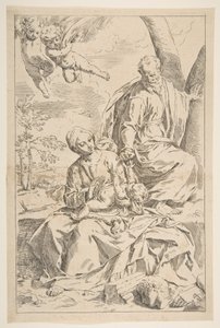 Rest on the Flight into Egypt, Mary Holding the Infant Christ while St. Joseph Hands Her Fruit by Simone Cantarini