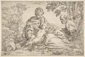 Rest on the Flight into Egypt, Mary holding the infant Christ with St. Joseph at right, ca. 1640 by Simone Cantarini