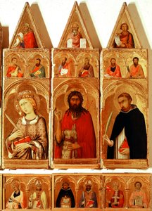 Saint Catherine of Alexandria, Saint John the Baptist, Saint Peter of Verona. (detail) by Simone Martini