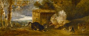 A Hen Defending Her Chickens from the Attack of a Cat
