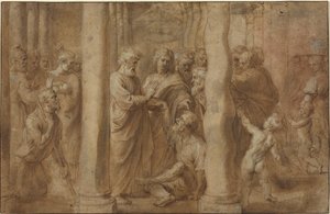 The Miracle of the Lame Man Healed by Saint Peter and Saint John by Sir Peter Paul Rubens over Anonymous Italian after Parmigianino after Raphael