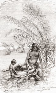 A family of Sápara natives on a sandbank beside the Napo river, Ecuador by Spanish School