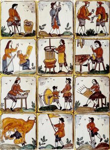 Artisanal Trades: Shoemaker, Cooper, Wicker Basket Manufacturer, Winemaker, Drawing Lesson, Musician, Cow Milking, Sharpener, Farmer, Cabinetmaker by Spanish School