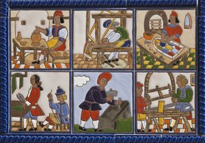 Ceramic Picture of 17th Century Trades Outside a Shop in Malaga by Spanish School